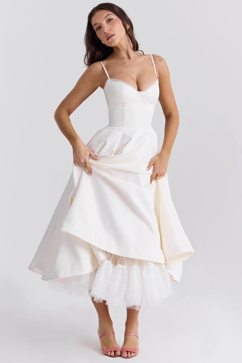 Midi Jurk met Bustiertop, Kanten Afwerking en Zwierige Rok – Romantisch & Vrouwelijk – Josephine