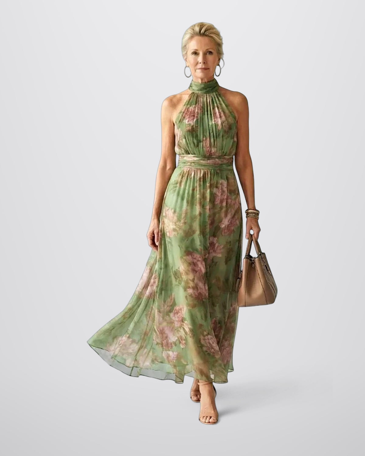 Midi jurk met halternek en geplooid bovenstuk elegant vrouwe
