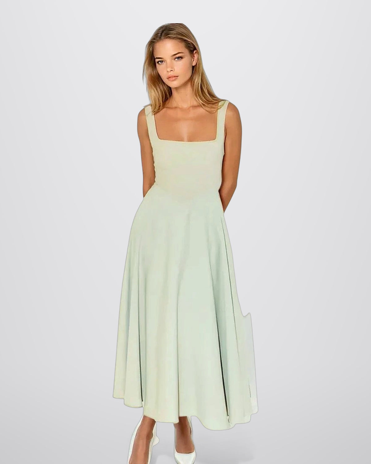 Mouwloze midi jurk met vierkante hals en a lijn elegant vrou