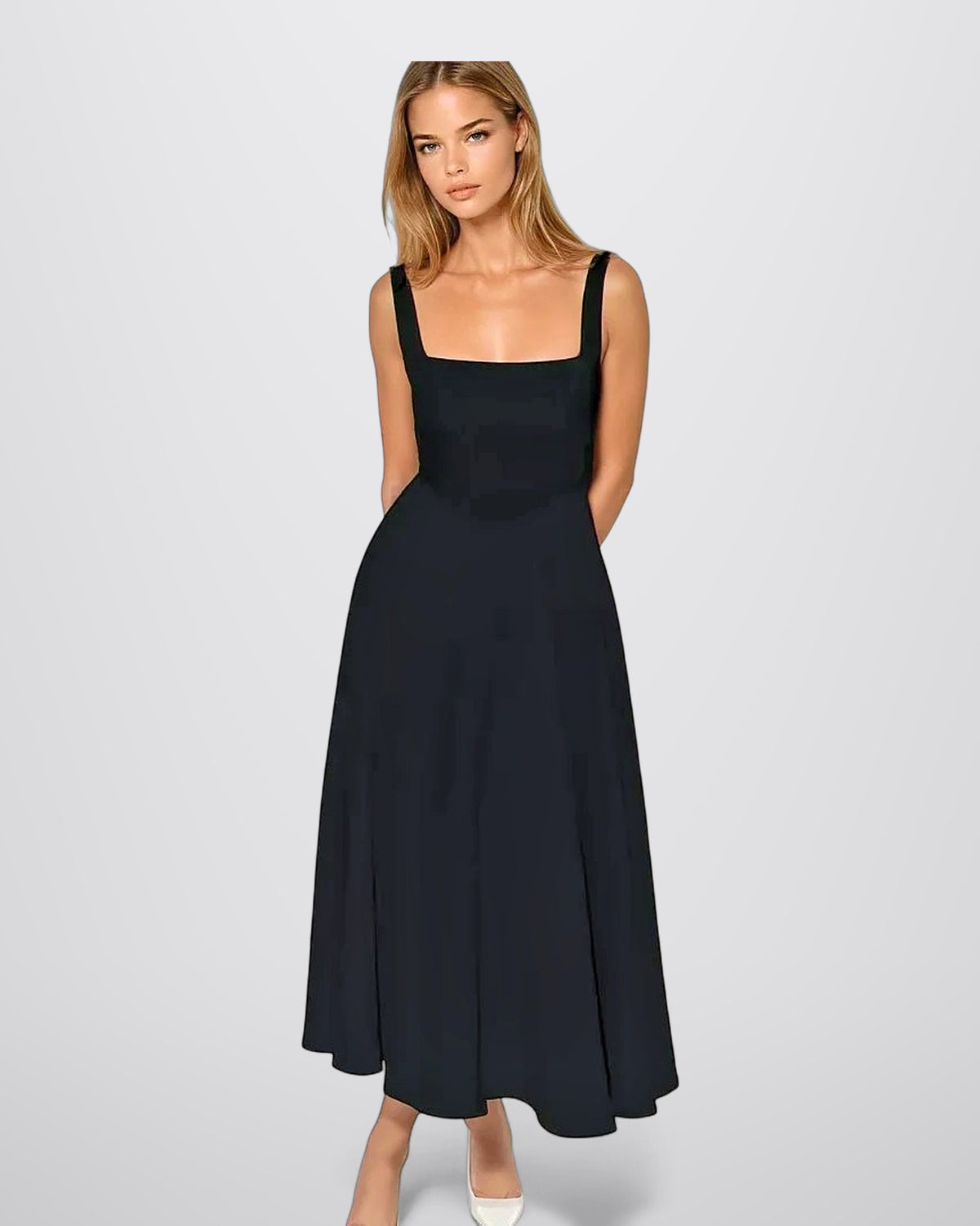 Mouwloze midi jurk met vierkante hals en a lijn elegant vrou