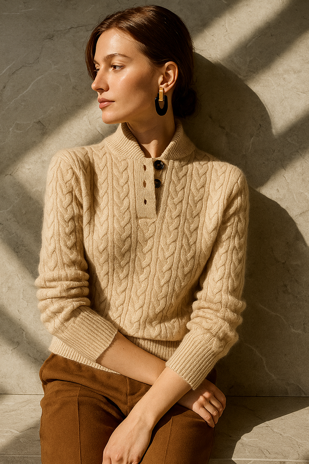 Kabelgebreide dames trui met knoopsluiting in beige, zittend