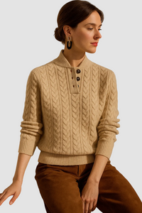 Kabelgebreide dames trui met knoopsluiting in beige, zijaanzicht