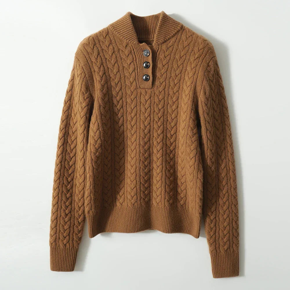 Kabelgebreide dames trui met knoopsluiting in camel, productfoto