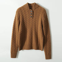 Kabelgebreide dames trui met knoopsluiting in camel, productfoto