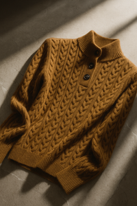 Kabelgebreide dames trui met knoopsluiting in camel, liggend