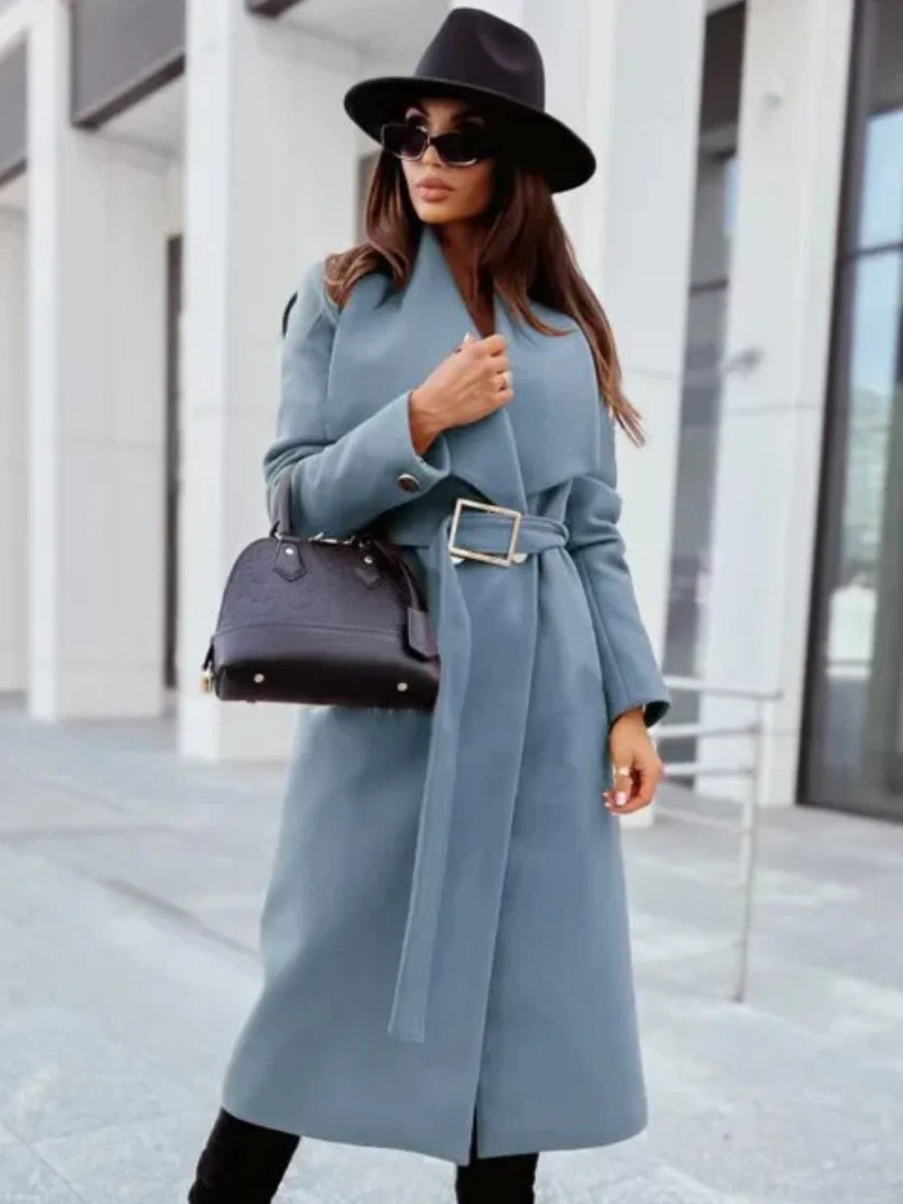 Blauwe dames trenchcoat met V-hals en lange mouwen