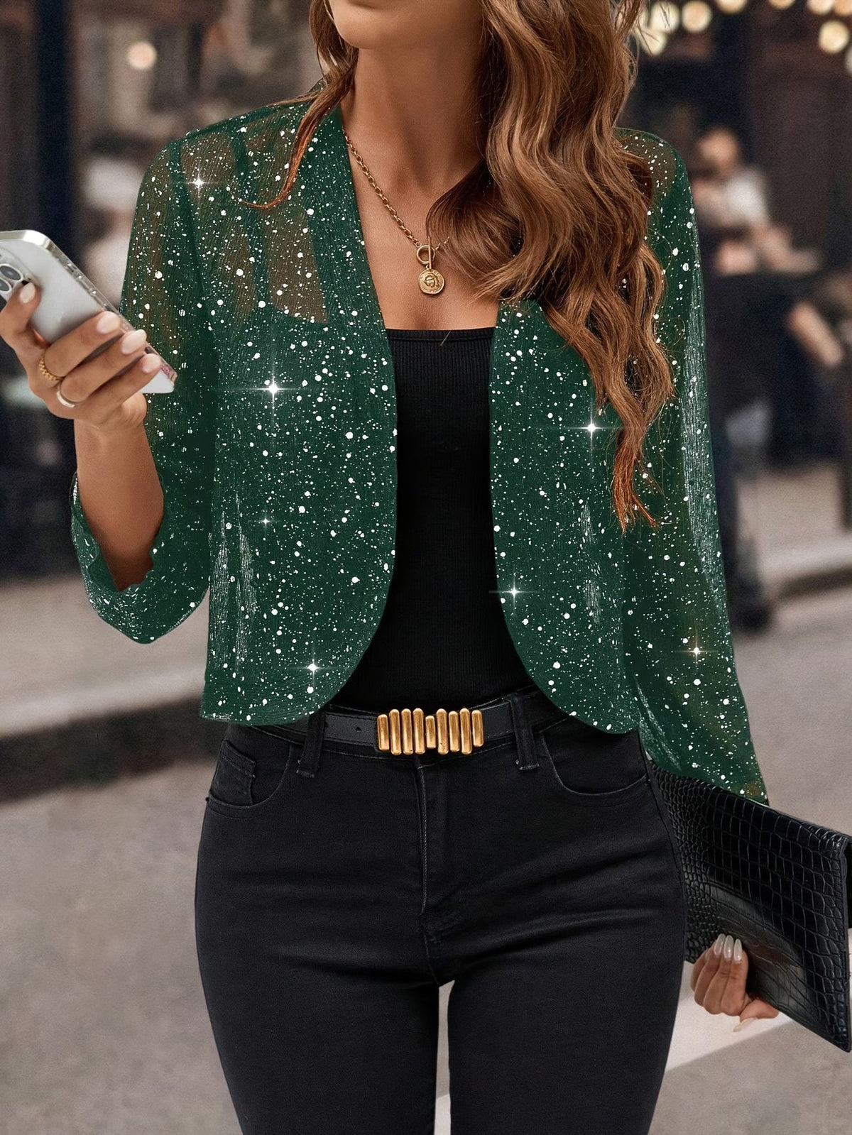 Kort glitter vest voor dames in groen met open voorkant