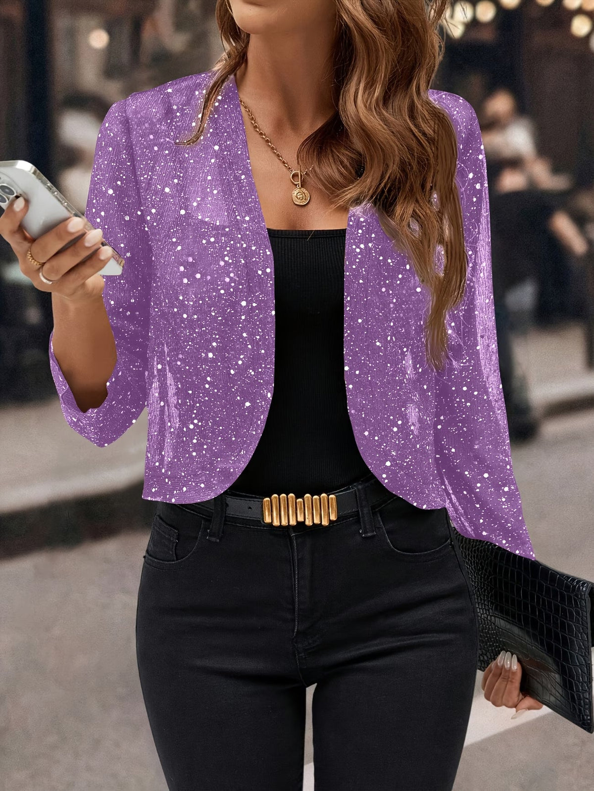 Kort glitter vest voor dames in paars met open voorkant