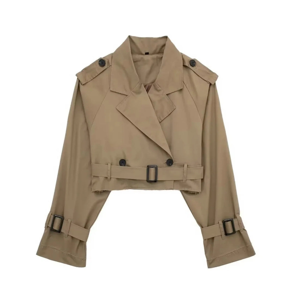 Bruine korte dames trenchcoat met schouderpassanten