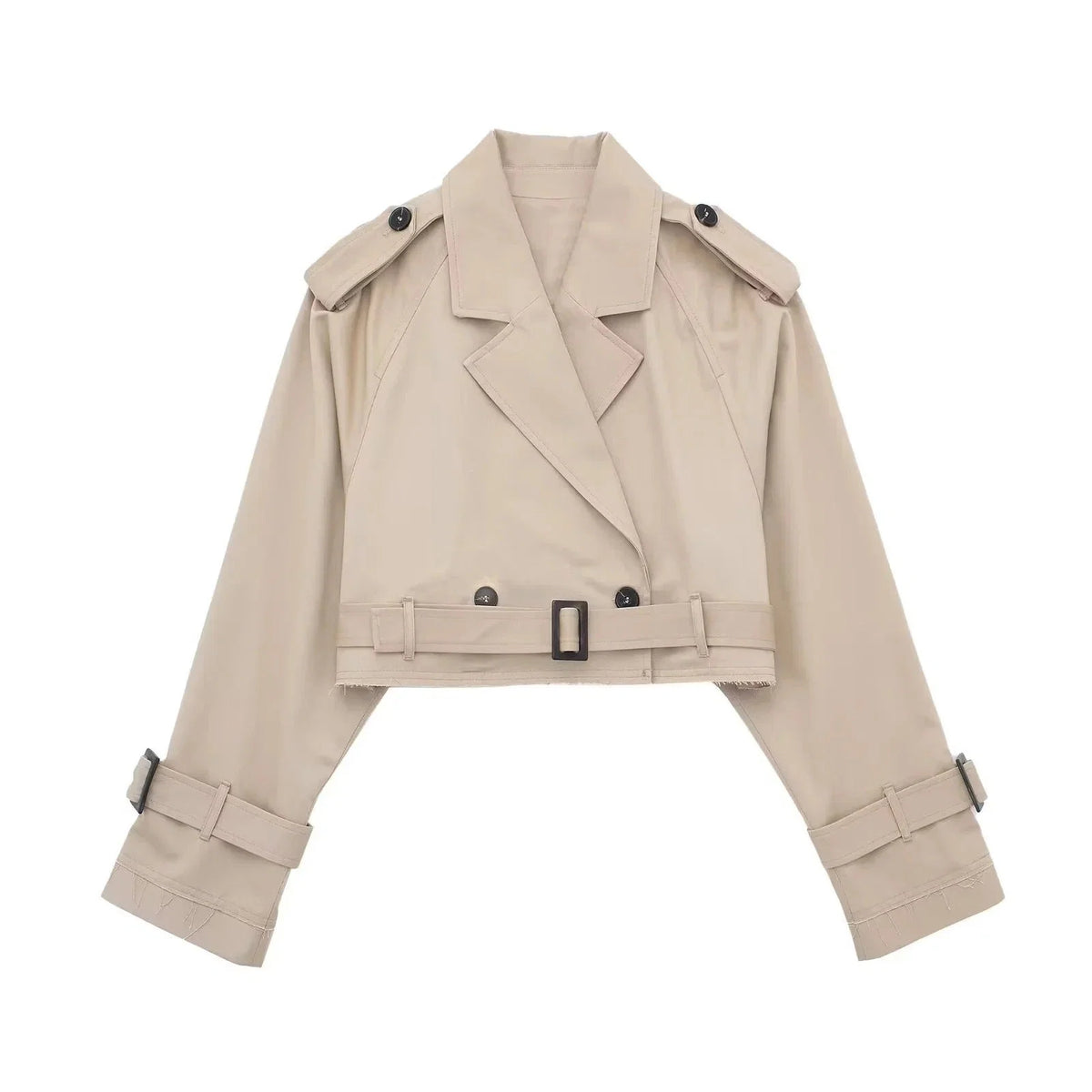 Khaki korte trenchcoat dames met ceintuur en brede revers