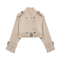 Khaki korte trenchcoat dames met ceintuur en brede revers