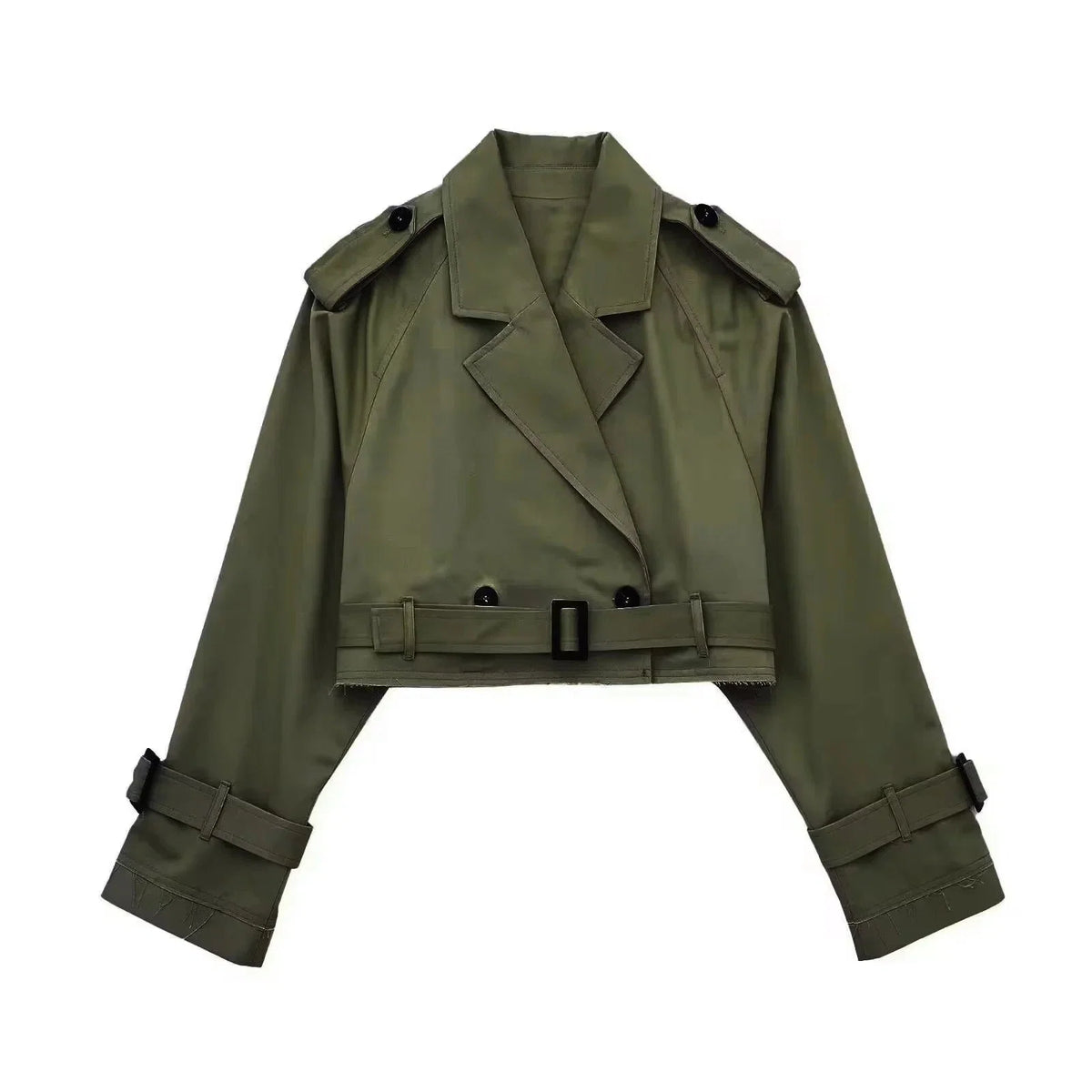 Legergroene cropped trenchcoat dames met dubbele knopenrij