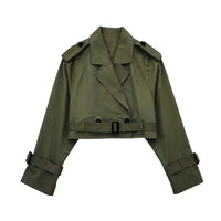 Legergroene cropped trenchcoat dames met dubbele knopenrij
