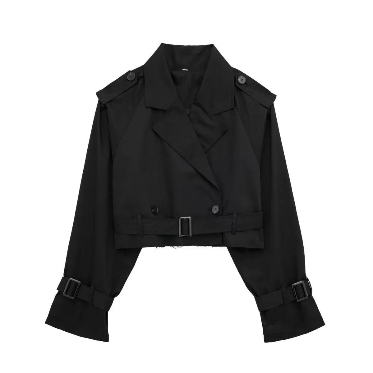 Zwarte korte trenchcoat dames met ceintuur en manchetbandjes
