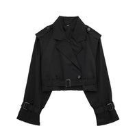 Zwarte korte trenchcoat dames met ceintuur en manchetbandjes