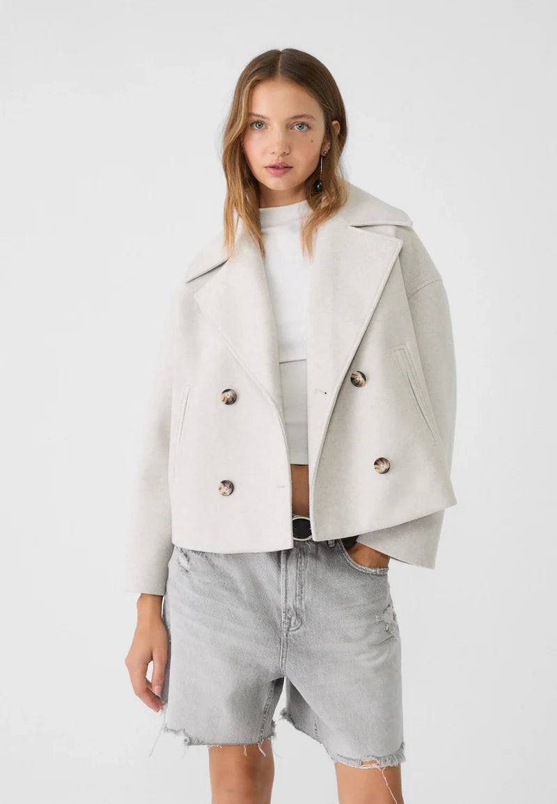 Beige korte dubbelrijs jas dames met brede revers