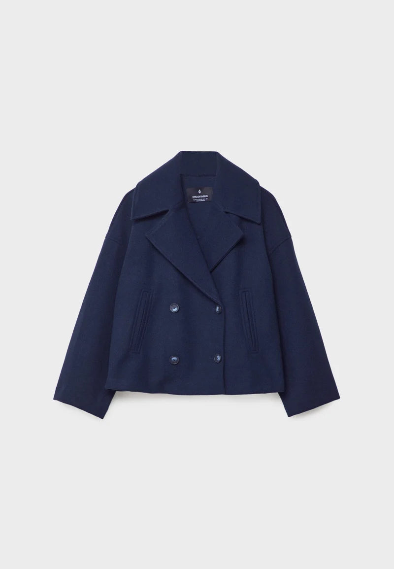 Korte marineblauwe jas met reverskraag en knopen
