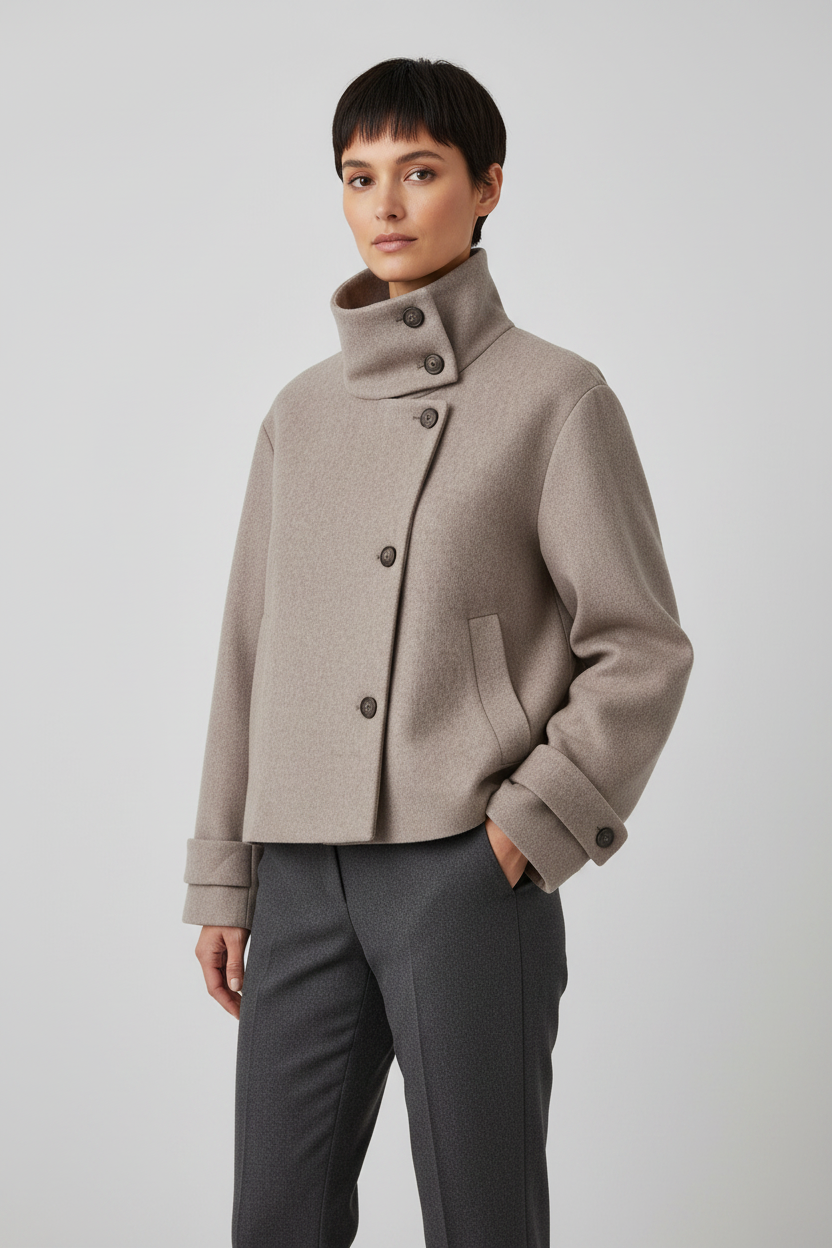 Taupe korte dames jas met hoge knoopkraag, vooraanzicht