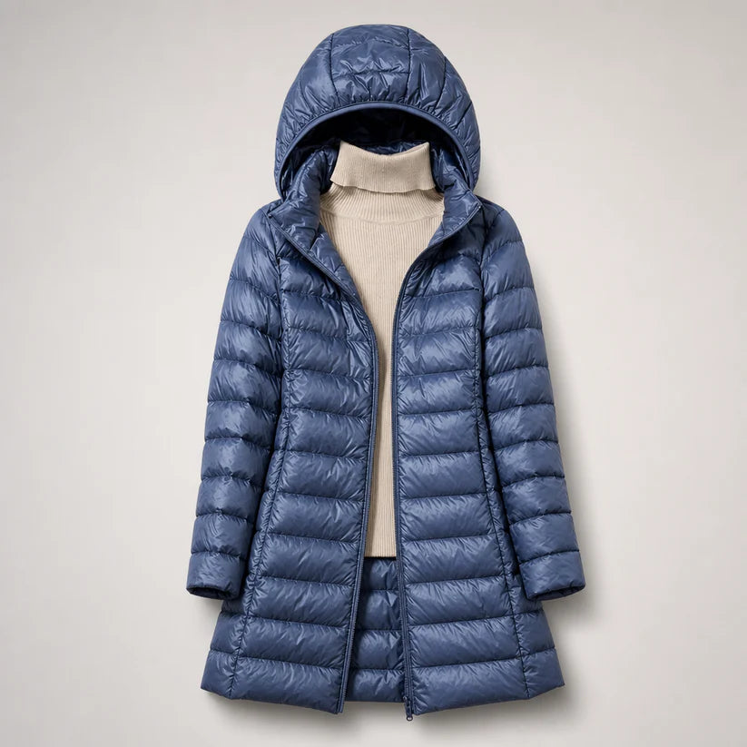 Blauwe lange puffer jas voor dames met vaste capuchon
