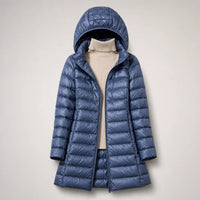 Blauwe lange puffer jas voor dames met vaste capuchon