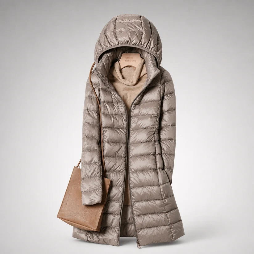 Khaki lange dames puffer jas met capuchon
