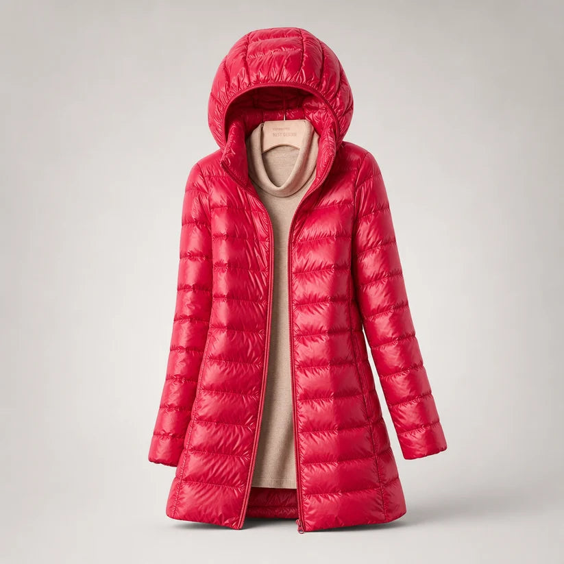 Rode dames winterjas met smalle horizontale stiksels