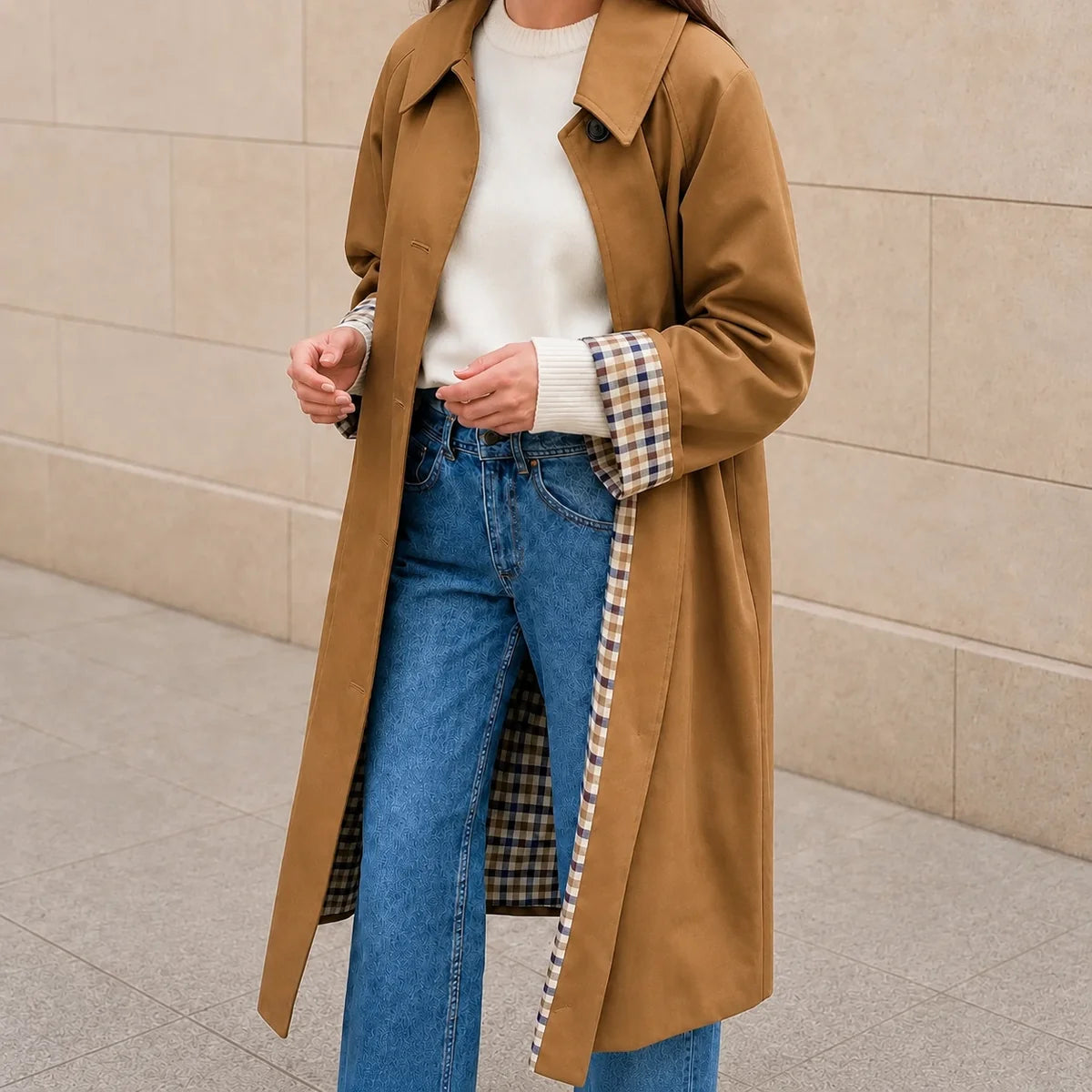 Bruine lange dames trenchcoat met knoopsluiting en geruite voering