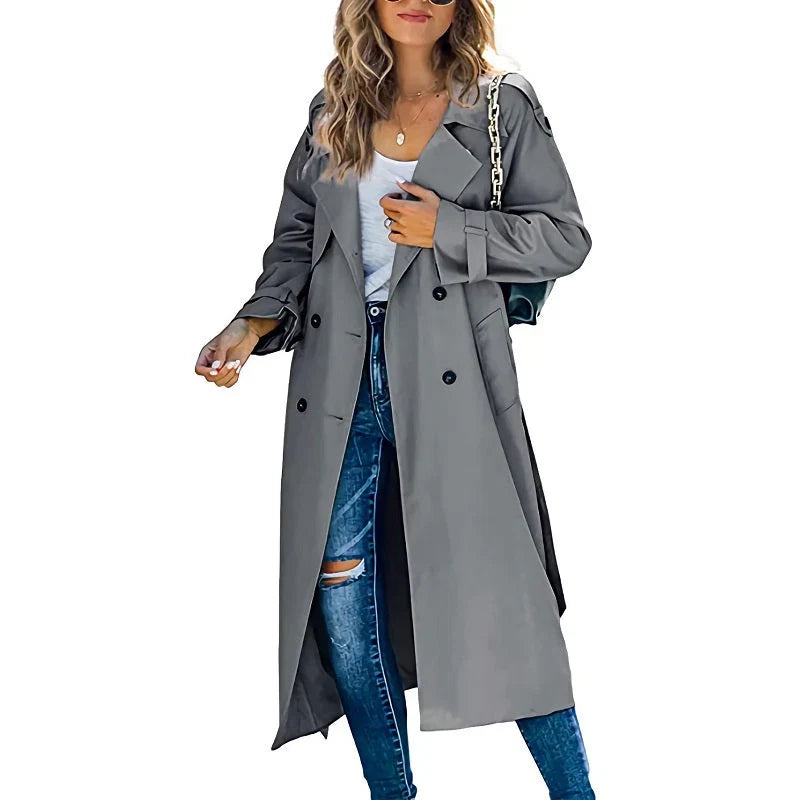 Grijze lange dames trenchcoat met brede revers