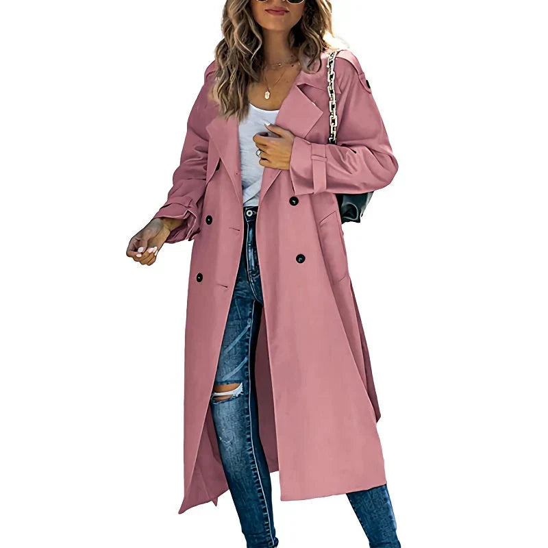 Roze lange dames trenchcoat met ceintuur en knopen