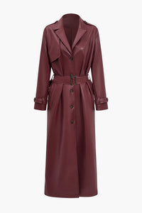 Burgundy rode lange dames trenchcoat van imitatieleer met ceintuur