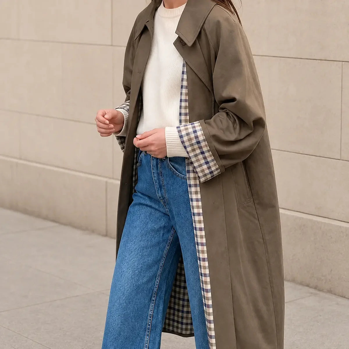 Khaki dames trenchcoat met zichtbare geruite voering aan de mouwen