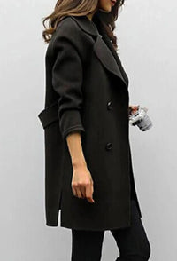Zwarte lange trenchcoat dames, zijaanzicht