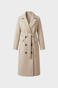 Lange getailleerde dames mantel met tailleriem in beige, voorkant
