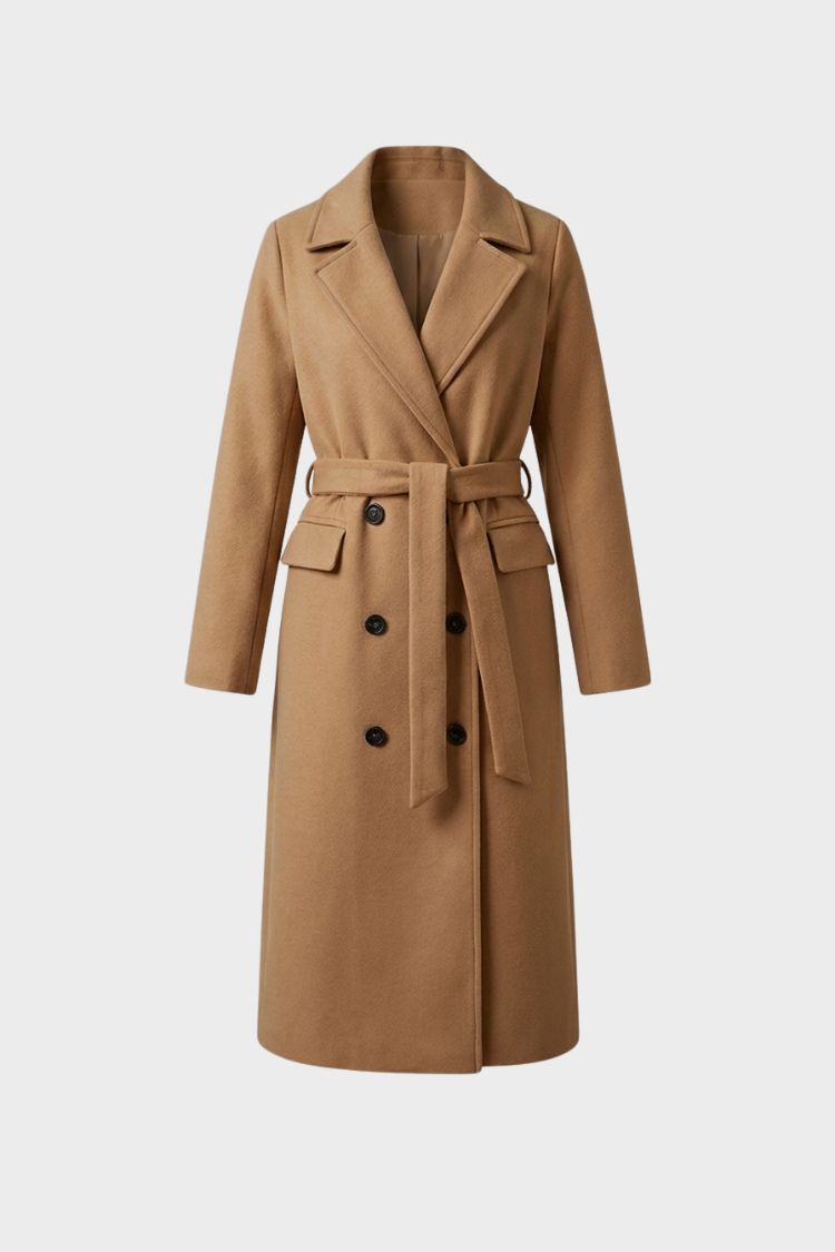 Lange getailleerde dames mantel met tailleriem in camel, voorkant