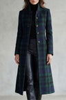 Blauwgroene Lange Tartan Dames Mantel met Staande Kraag en Sierknopen