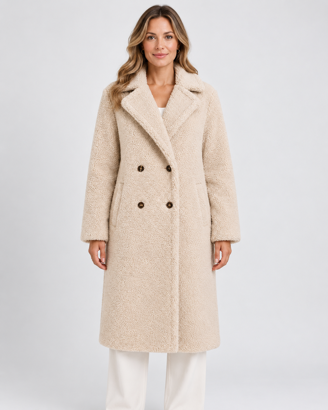 Vrouw in lange beige teddy jas met dubbele knopenrij, vooraanzicht