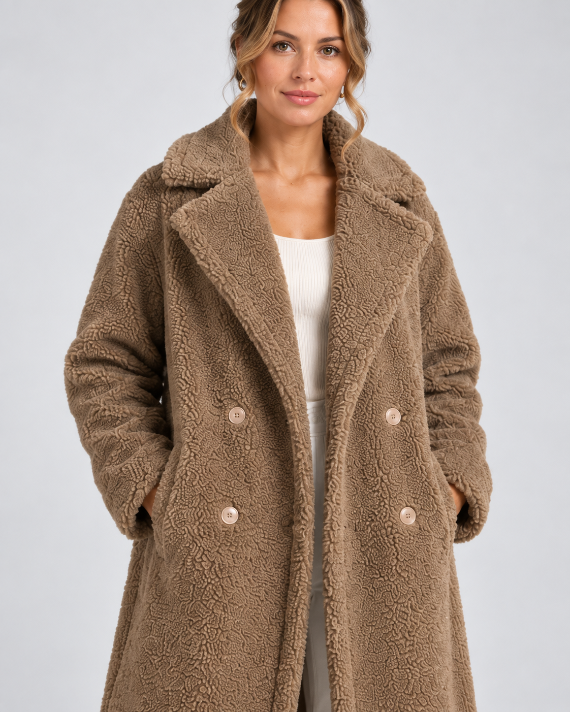 Close-up van taupe teddy jas met reverskraag en dubbele knopenrij