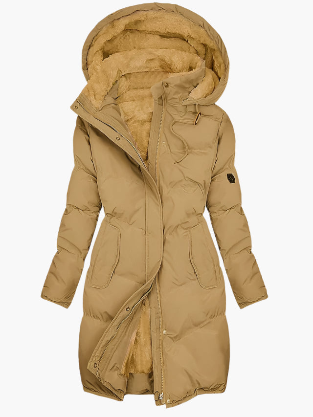 Lange dames winterjas met bontgevoerde capuchon en trekkoordtaille in camel