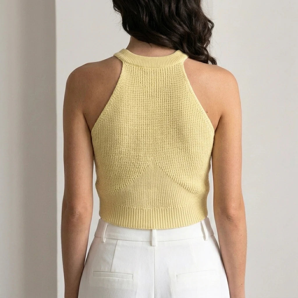 Geribbelde Gebreide Crop Top met Halternek – Trendy & Zomers – Lauréline