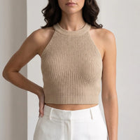 Geribbelde Gebreide Crop Top met Halternek – Trendy & Zomers – Lauréline