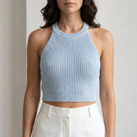 Geribbelde Gebreide Crop Top met Halternek – Trendy & Zomers – Lauréline