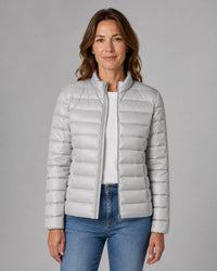 Grijze lichtgewicht dames puffer jas met staande kraag