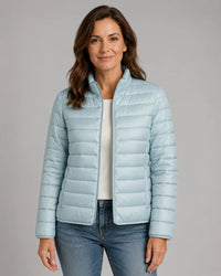 Lichtblauwe lichtgewicht dames puffer jas met ritssluiting