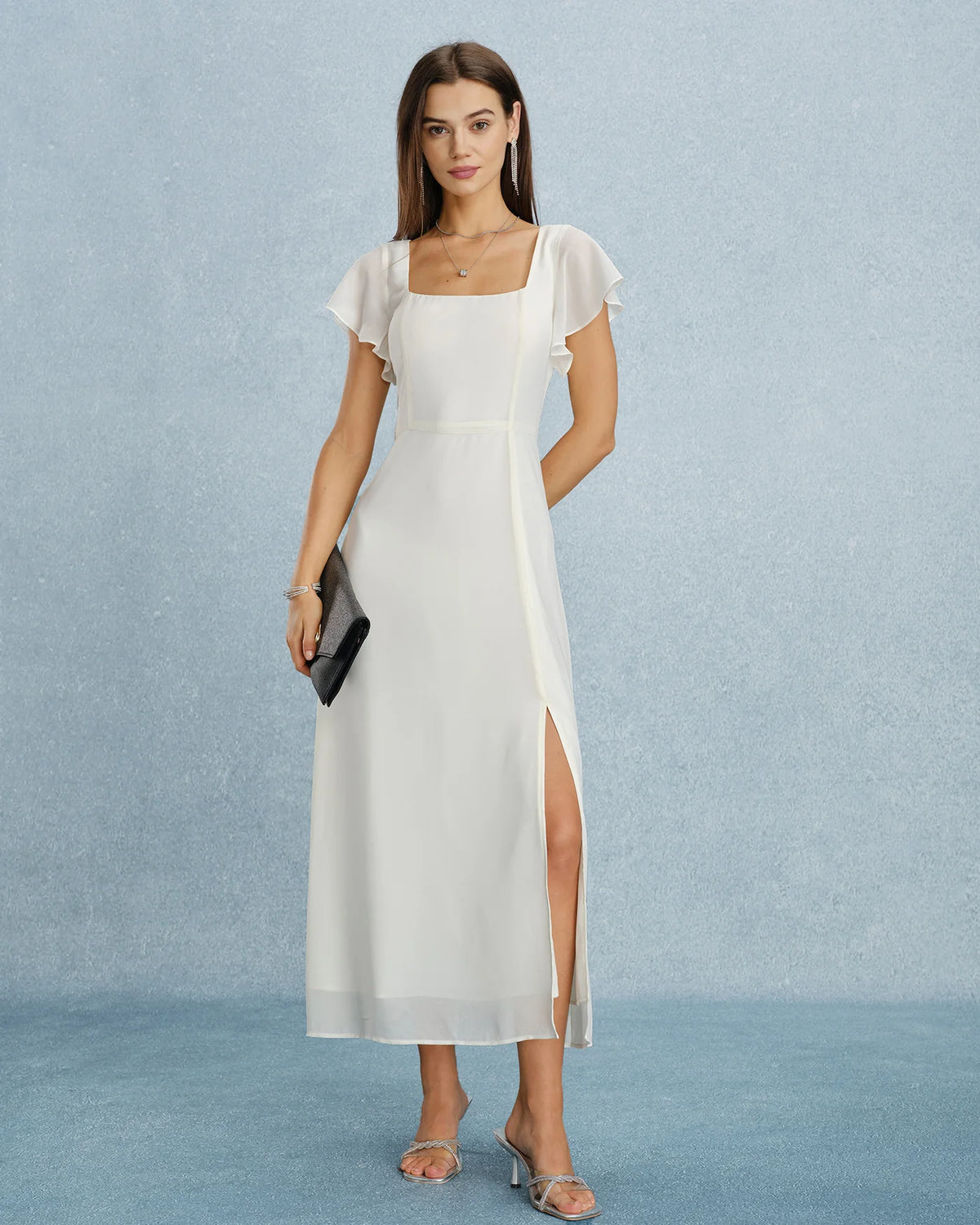 Maxi Jurk met Vierkante Hals, Split en Chiffon Look – Elegant & Zomers – Lijsbeth