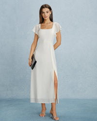 Maxi Jurk met Vierkante Hals, Split en Chiffon Look – Elegant & Zomers – Lijsbeth