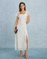 Maxi Jurk met Vierkante Hals, Split en Chiffon Look – Elegant & Zomers – Lijsbeth