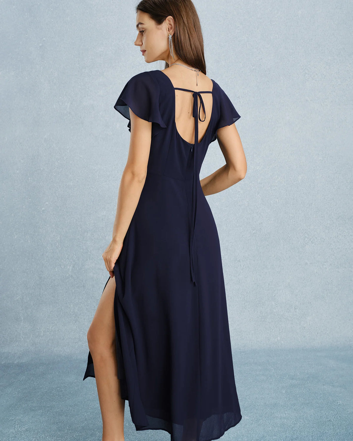 Maxi Jurk met Vierkante Hals, Split en Chiffon Look – Elegant & Zomers – Lijsbeth
