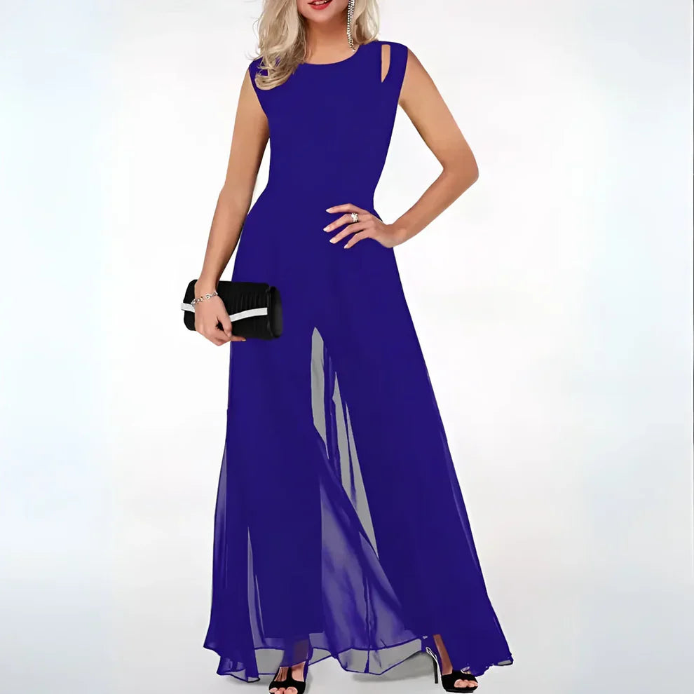 Jumpsuit met Hoge Taille, Ronde Hals en Chiffon Overlay – Elegant & Veelzijdig – Maëlinne
