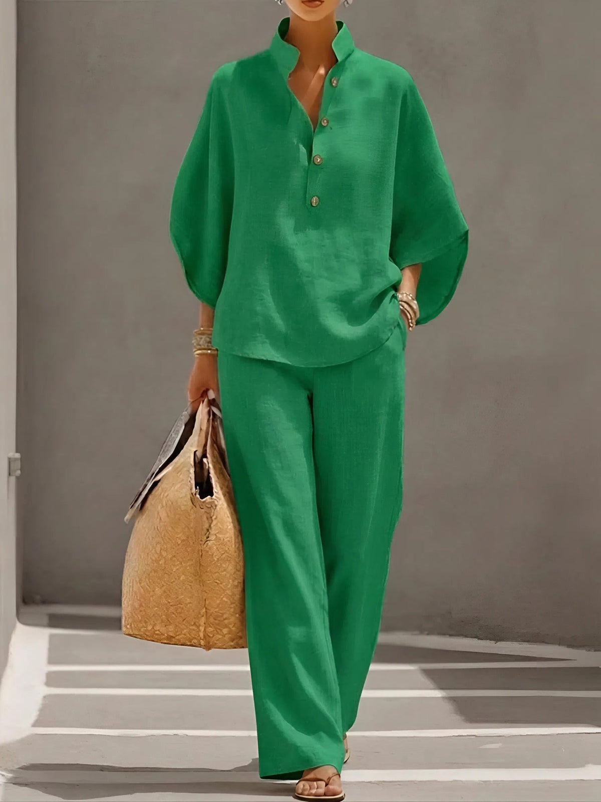 Linnenlook set dames met staande kraag en wijde mouwen in groen