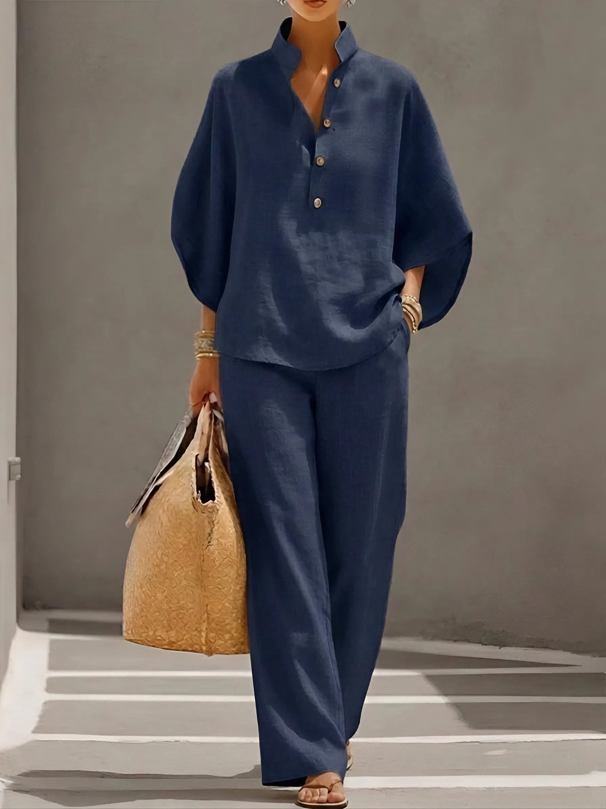 Linnenlook set dames met staande kraag en wijde mouwen in marineblauw